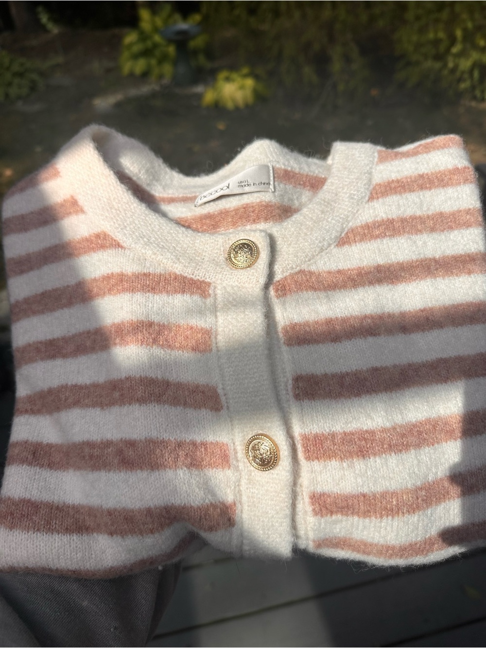 Striped Crewneck Button-Front Becool Cardigan